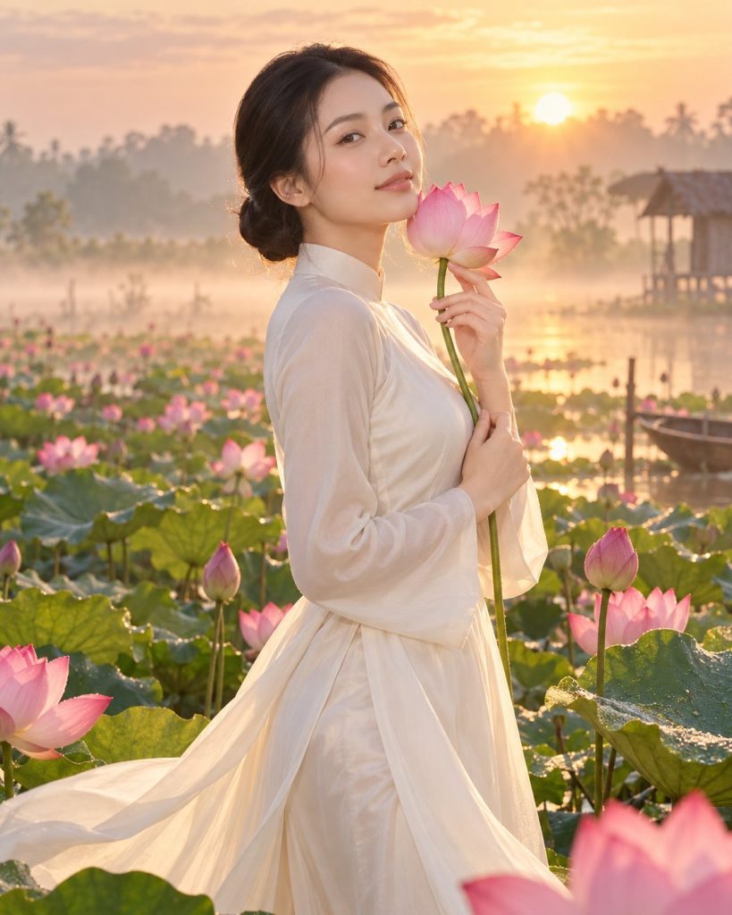 Thiếu nữ mặc áo dài giữa đầm sen Đồng Tháp lúc bình minh