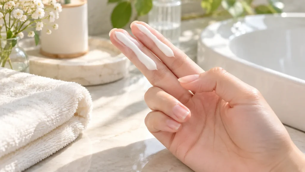 Hai vạch kem trên ngón trỏ và ngón giữa — cách ước lượng lượng kem chống nắng cho mặt