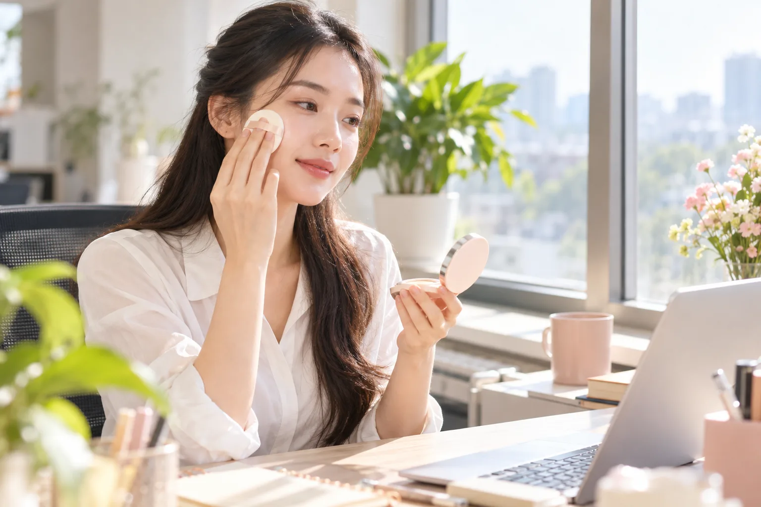 Cô gái dặm lại kem chống nắng trên lớp trang điểm khi ngồi văn phòng