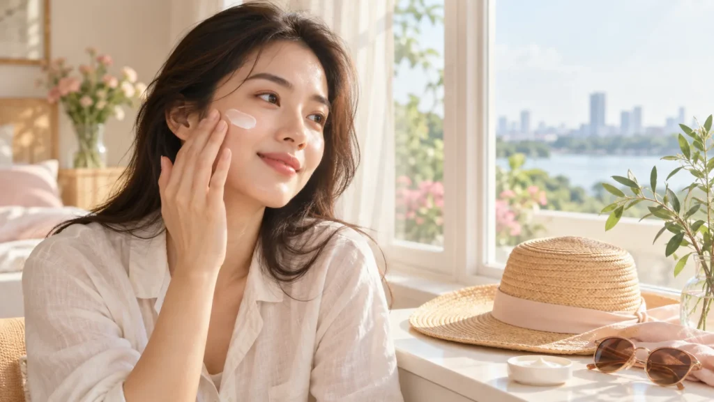 Cô gái thoa kem lên má cạnh cửa sổ buổi sáng, bên cạnh mũ rộng vành và kính râm