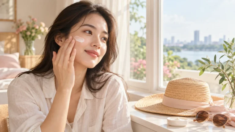 Cô gái thoa kem lên má cạnh cửa sổ buổi sáng, bên cạnh mũ rộng vành và kính râm