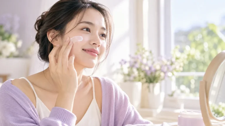 Cô gái thoa kem dưỡng lên má bên cửa sổ, tông tím nhạt và kem