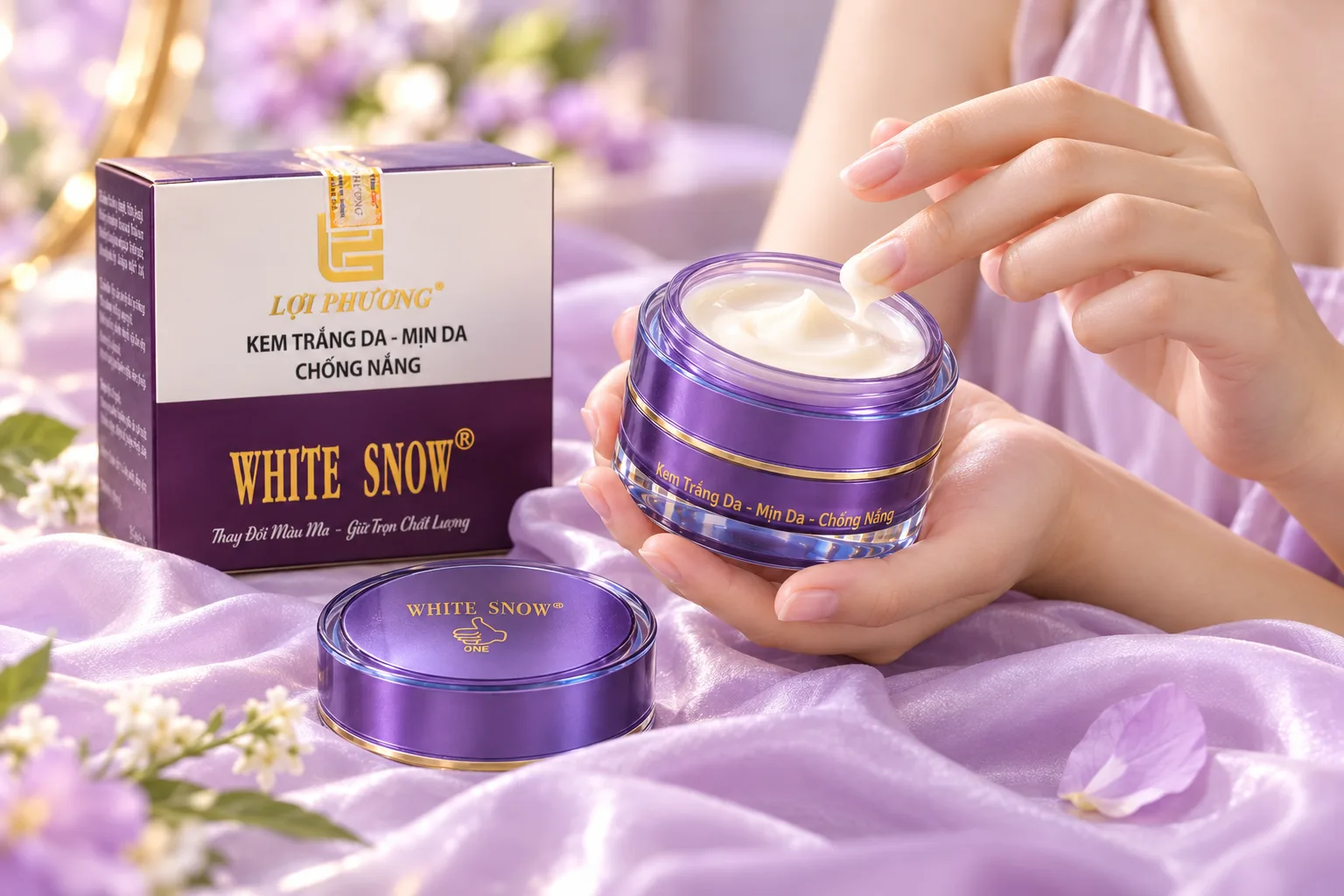 Bàn tay cầm hũ Kem trắng da – mịn da chống nắng White Snow mở nắp trên lụa tím