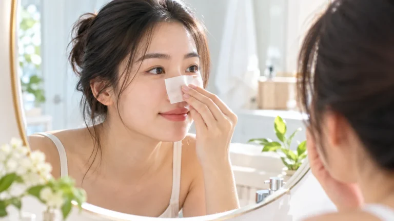 Cô gái dùng giấy thấm dầu trên mũi để kiểm tra loại da