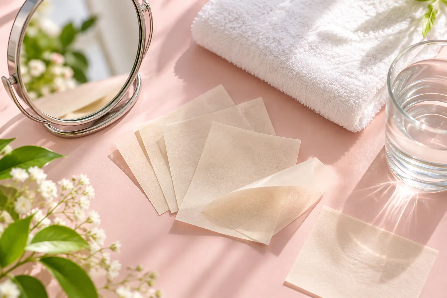 Giấy thấm dầu, gương nhỏ và khăn — dụng cụ tự xác định loại da tại nhà
