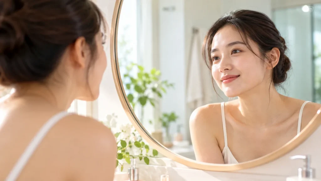 Cô gái soi gương quan sát da, tay để xa khuôn mặt