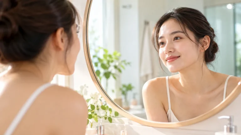Cô gái soi gương quan sát da, tay để xa khuôn mặt