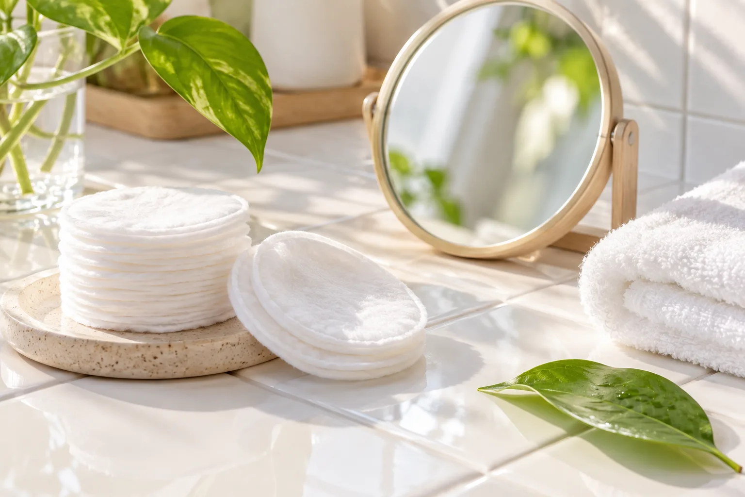 Bông tẩy trang, gương tròn và khăn sạch — chăm sóc da mụn nhẹ nhàng