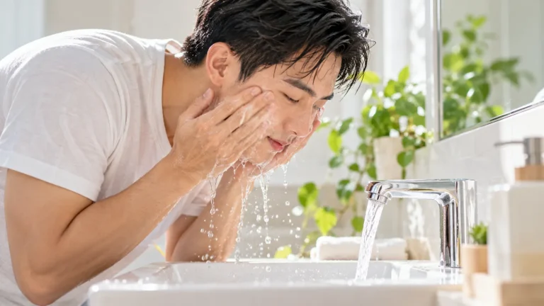 Chàng trai rửa mặt bằng nước tại bồn rửa buổi sáng