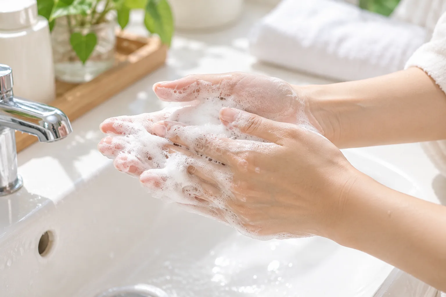 Hai bàn tay tạo bọt sữa rửa mặt trước khi rửa