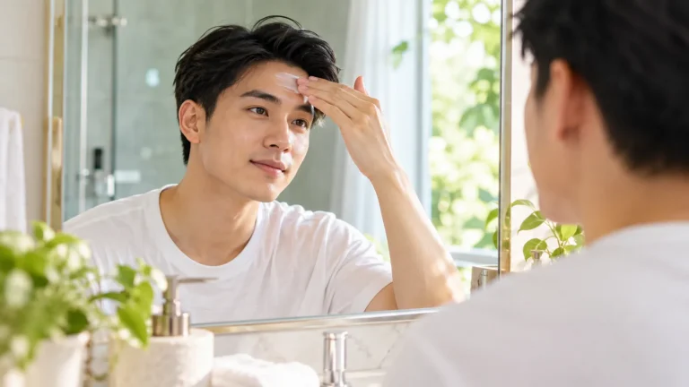 Chàng trai thoa kem dưỡng mỏng nhẹ lên trán trước gương buổi sáng