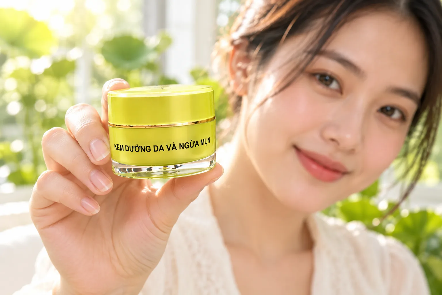 Bàn tay cầm hũ Kem dưỡng da và ngừa mụn PHLY trước nền lá xanh