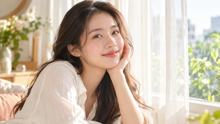 Cô gái làn da tươi tắn mỉm cười bên cửa sổ rèm mỏng