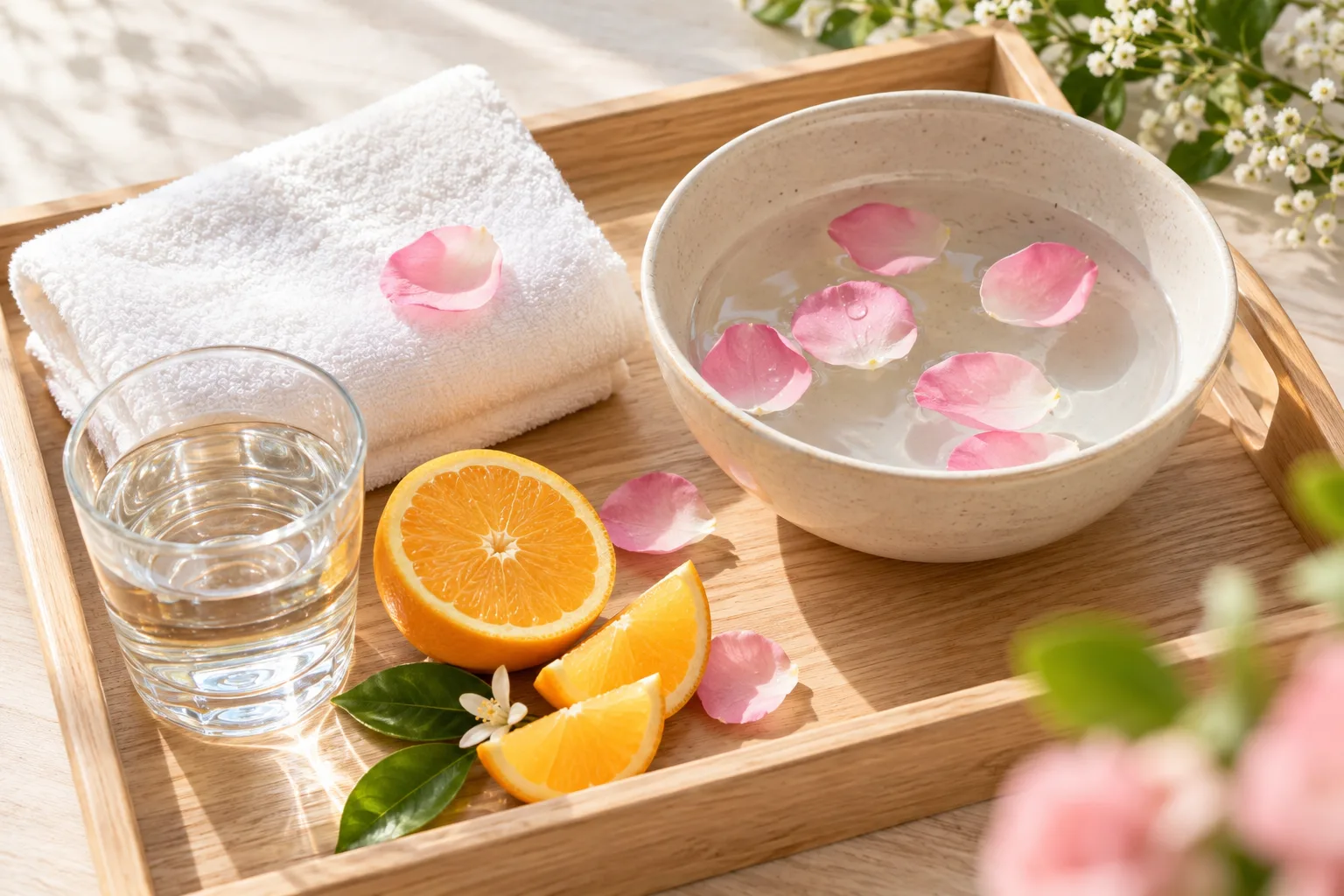 Khăn mặt, bát nước cánh hoa, ly nước và cam cắt lát — thói quen chăm sóc da sáng khoẻ