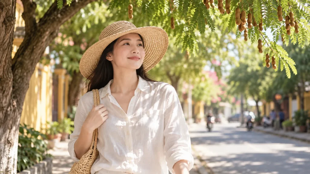 Người phụ nữ đội mũ rộng vành, mặc áo dài tay đi dưới bóng cây ngày nắng