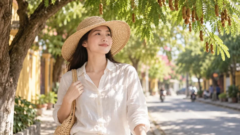 Người phụ nữ đội mũ rộng vành, mặc áo dài tay đi dưới bóng cây ngày nắng