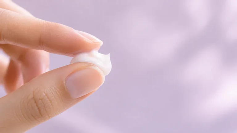 Đầu ngón tay với một chút kem trắng mịn trên nền tím nhạt