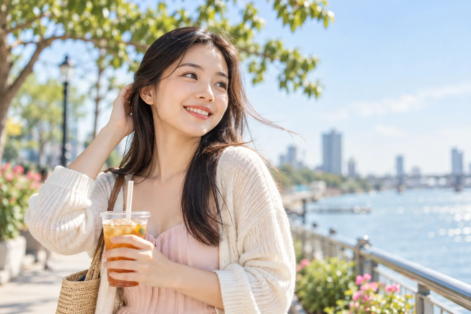 Cô gái ra ngoài trời nắng với làn da tự nhiên, cầm ly trà đá