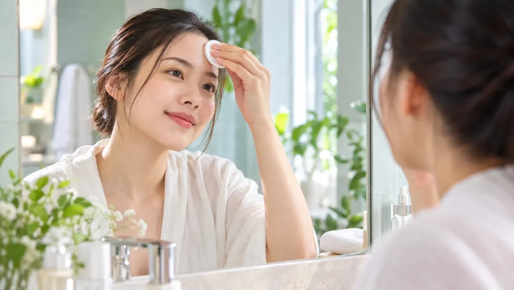 Cô gái lau nhẹ vùng trán bằng bông tẩy trang trước gương