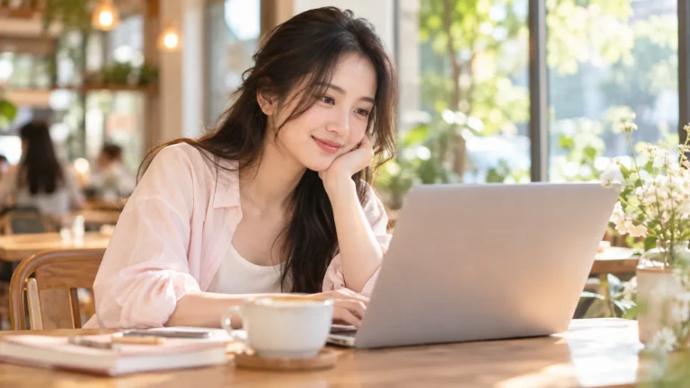 Cô gái chống cằm khi làm việc — thói quen dễ gây mụn vùng cằm