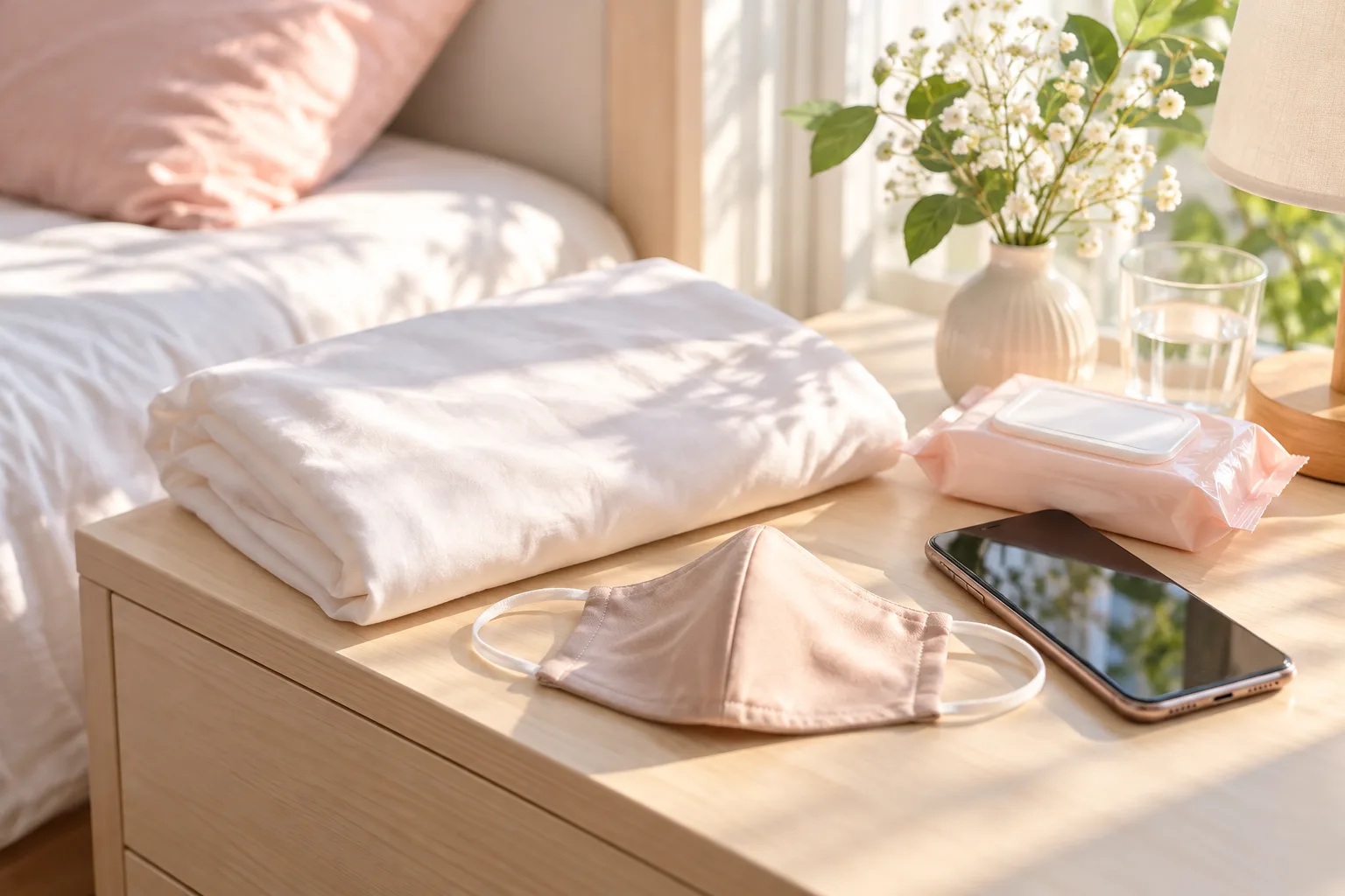 Vỏ gối sạch, khẩu trang vải và điện thoại — đồ dùng cần giữ sạch để hạn chế mụn cằm