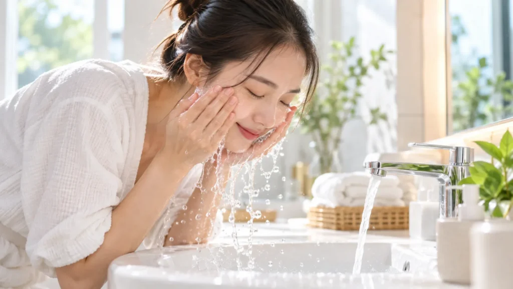 Cô gái rửa mặt bằng nước sạch tại bồn rửa buổi sáng