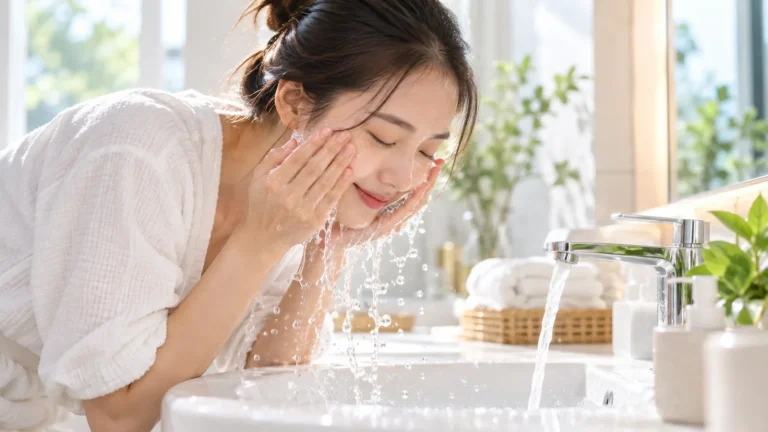 Cô gái rửa mặt bằng nước sạch tại bồn rửa buổi sáng