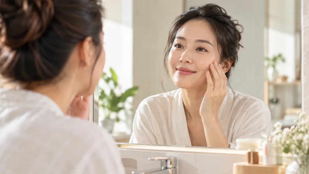 Người phụ nữ soi gương, chạm nhẹ lên gò má để quan sát làn da