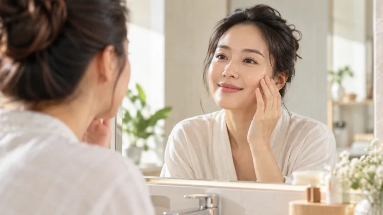 Người phụ nữ soi gương, chạm nhẹ lên gò má để quan sát làn da