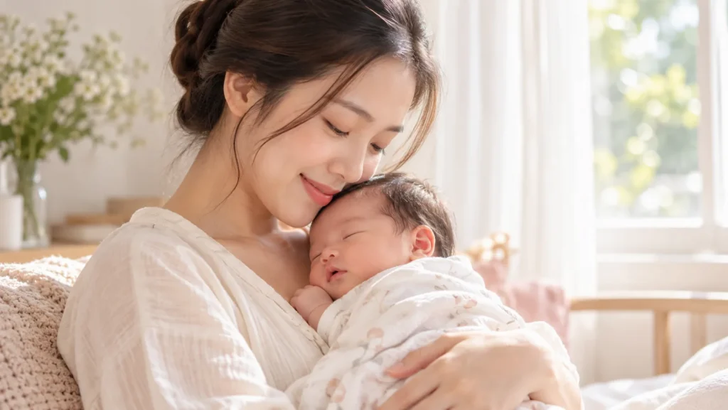 Người mẹ bế con nhỏ đang ngủ bên cửa sổ buổi sáng