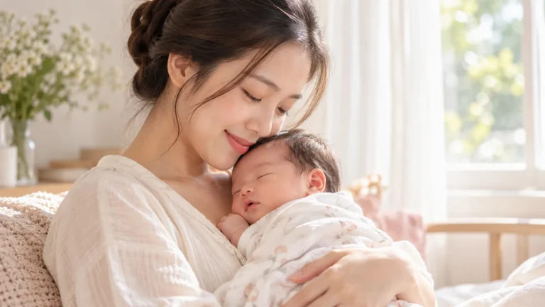 Người mẹ bế con nhỏ đang ngủ bên cửa sổ buổi sáng