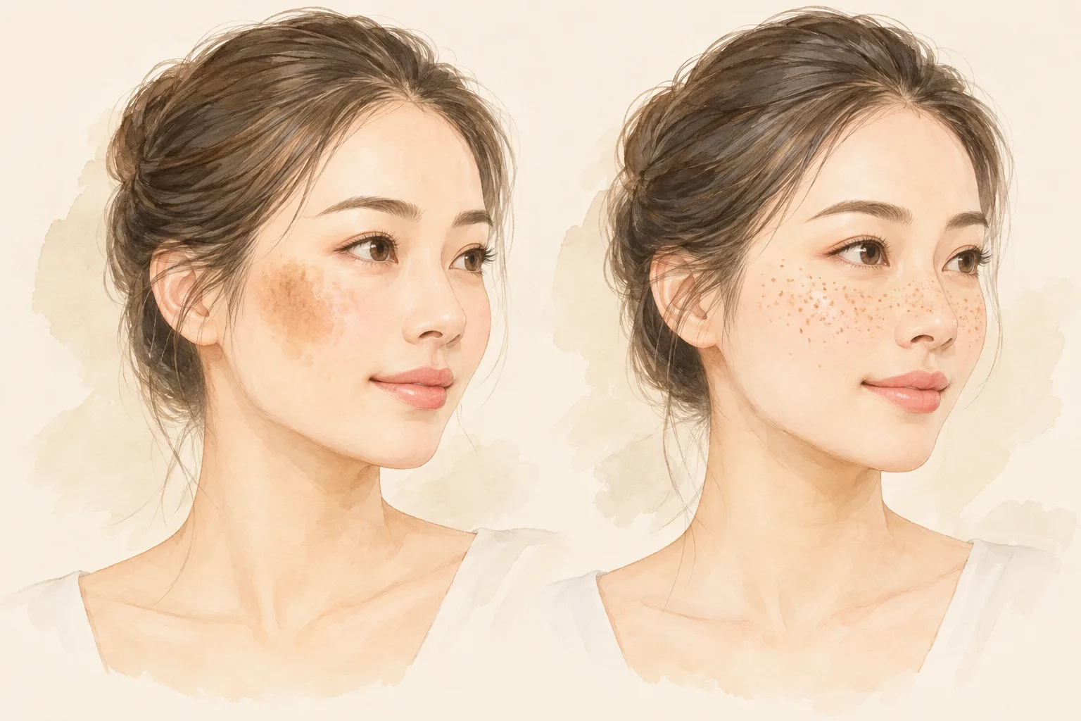 Minh hoạ so sánh: nám là mảng nâu trên gò má, tàn nhang là các chấm nhỏ rải rác quanh mũi