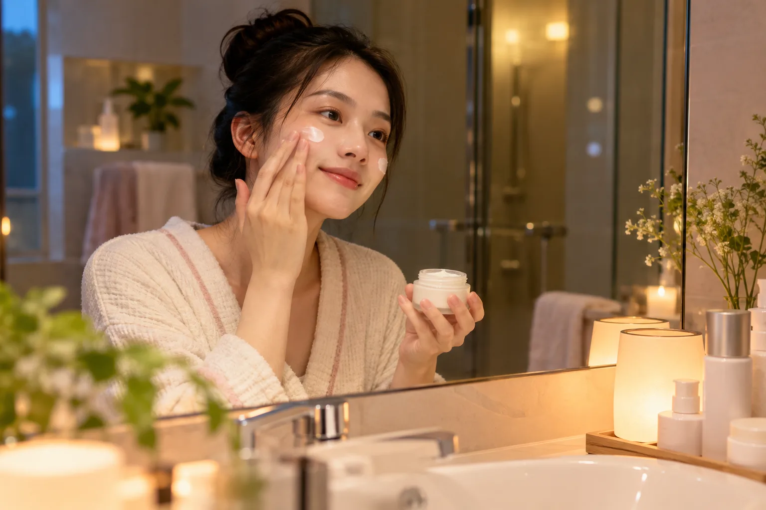 Cô gái thoa kem dưỡng buổi tối dưới ánh đèn ấm