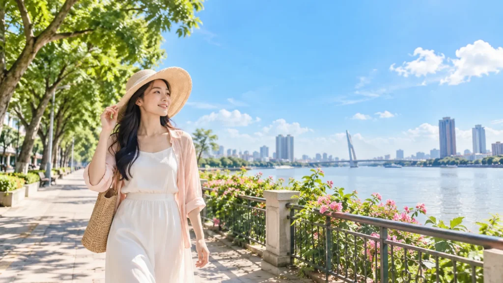 Đường ven sông ngày nắng gắt, người đi bộ đội mũ dưới bóng cây