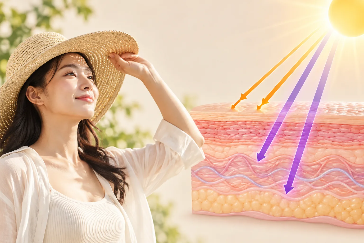 Minh hoạ tia UVA đi sâu vào da và tia UVB tác động lớp ngoài