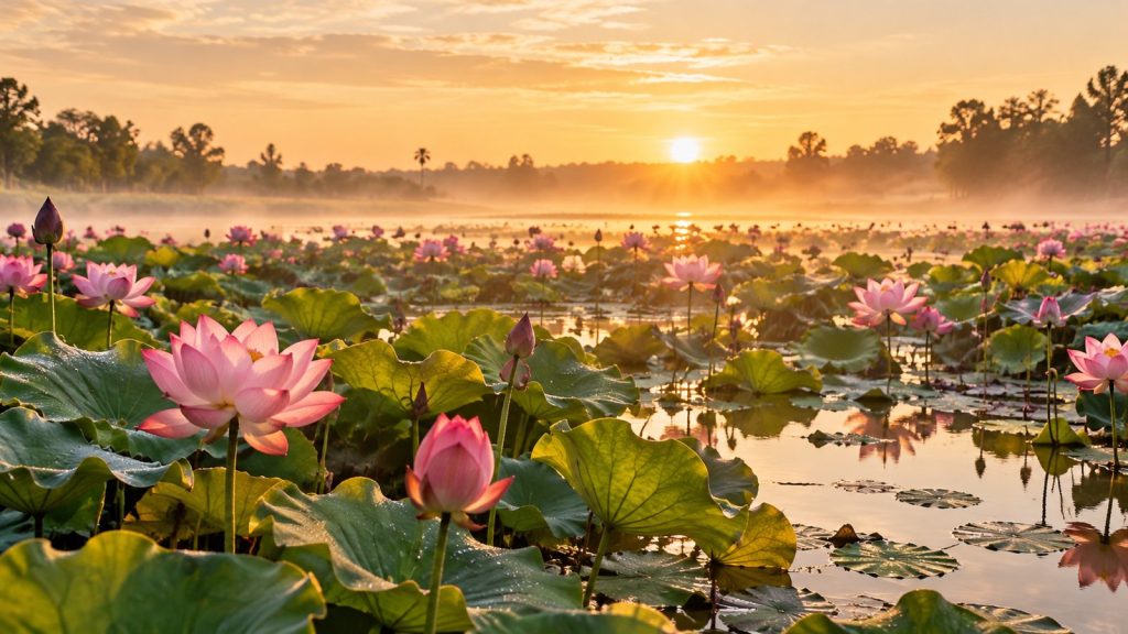 Đầm sen hồng Đồng Tháp lúc bình minh
